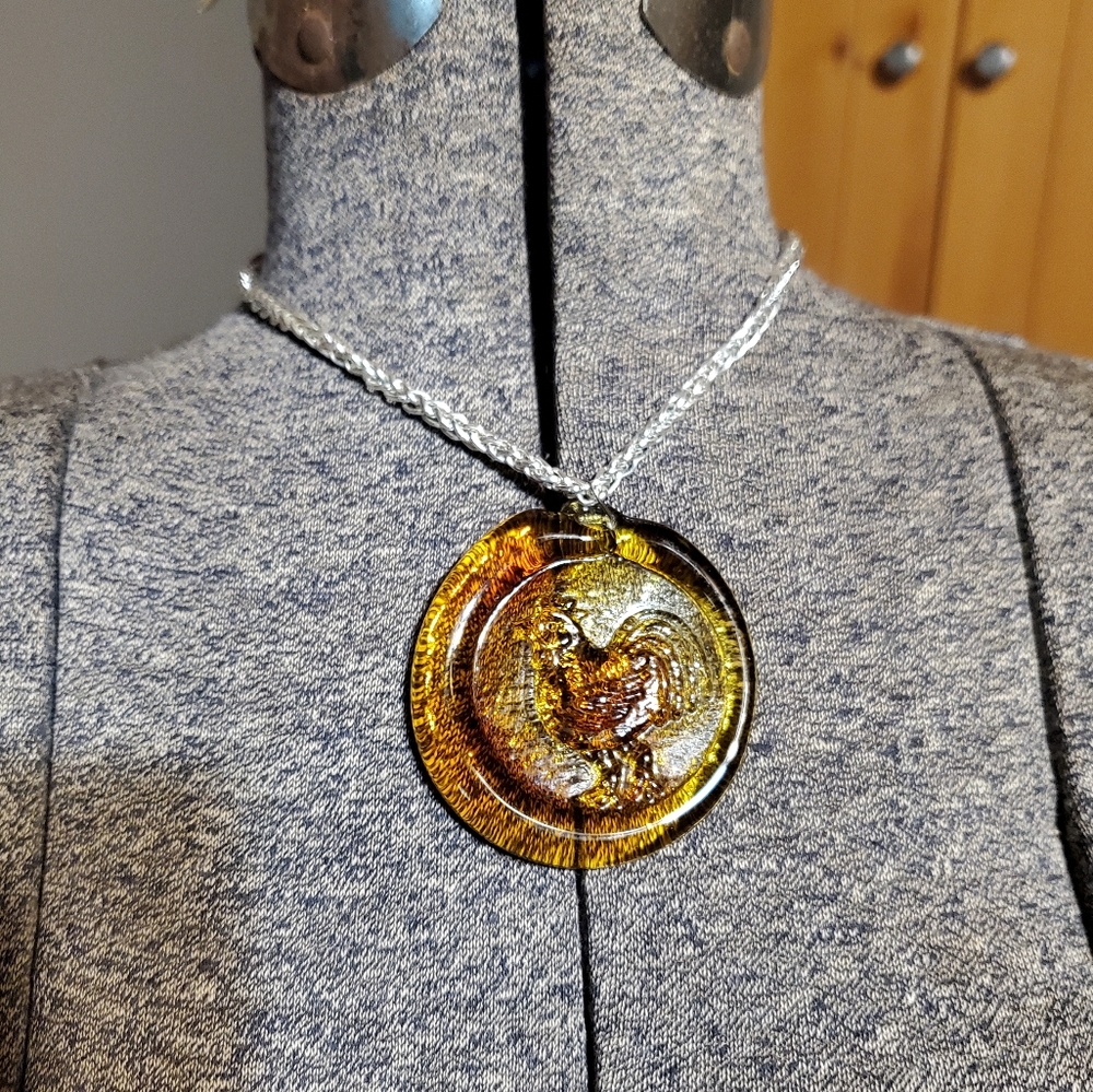 Vintage Rooster glass pendant necklace